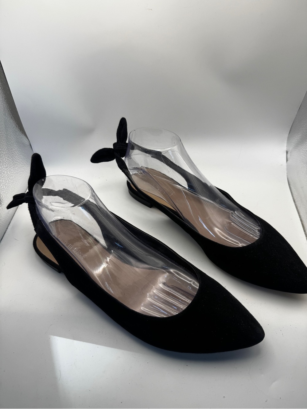 Saks Fifth Avenue Black Suede Pointed Toe Slingback Flats with Bow Sz 10